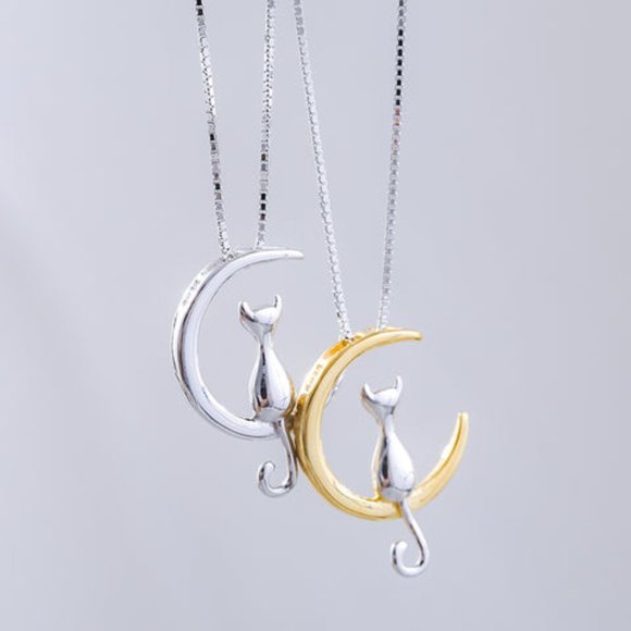 14k Gold Adorable Cat Moon Sterling Silver Necklace - Picture 6 of 16